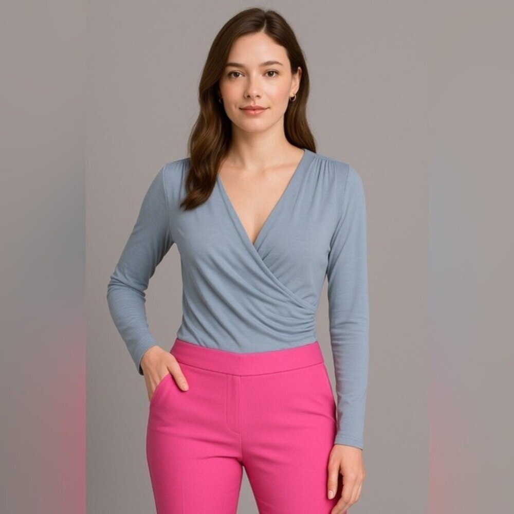 NWT Ancosti Women's Top MEDIUM Wrap Blue‎ Long Sleeve V-Neck Soft Rayon Stretch